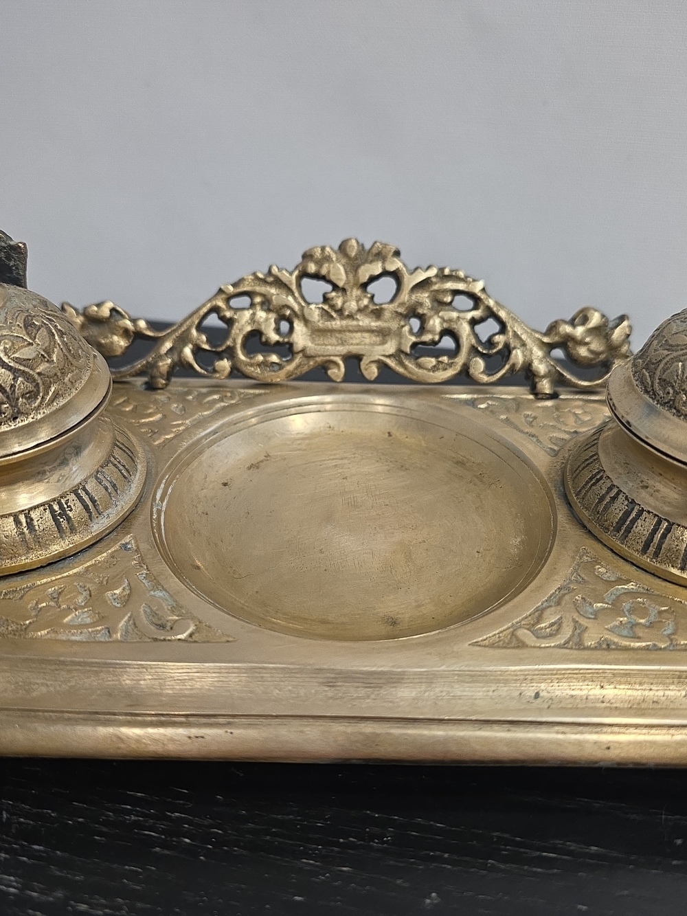 Vintage Victorian Style Brass Double Inkwell With Ornate Detailing, 1 Ft Missing